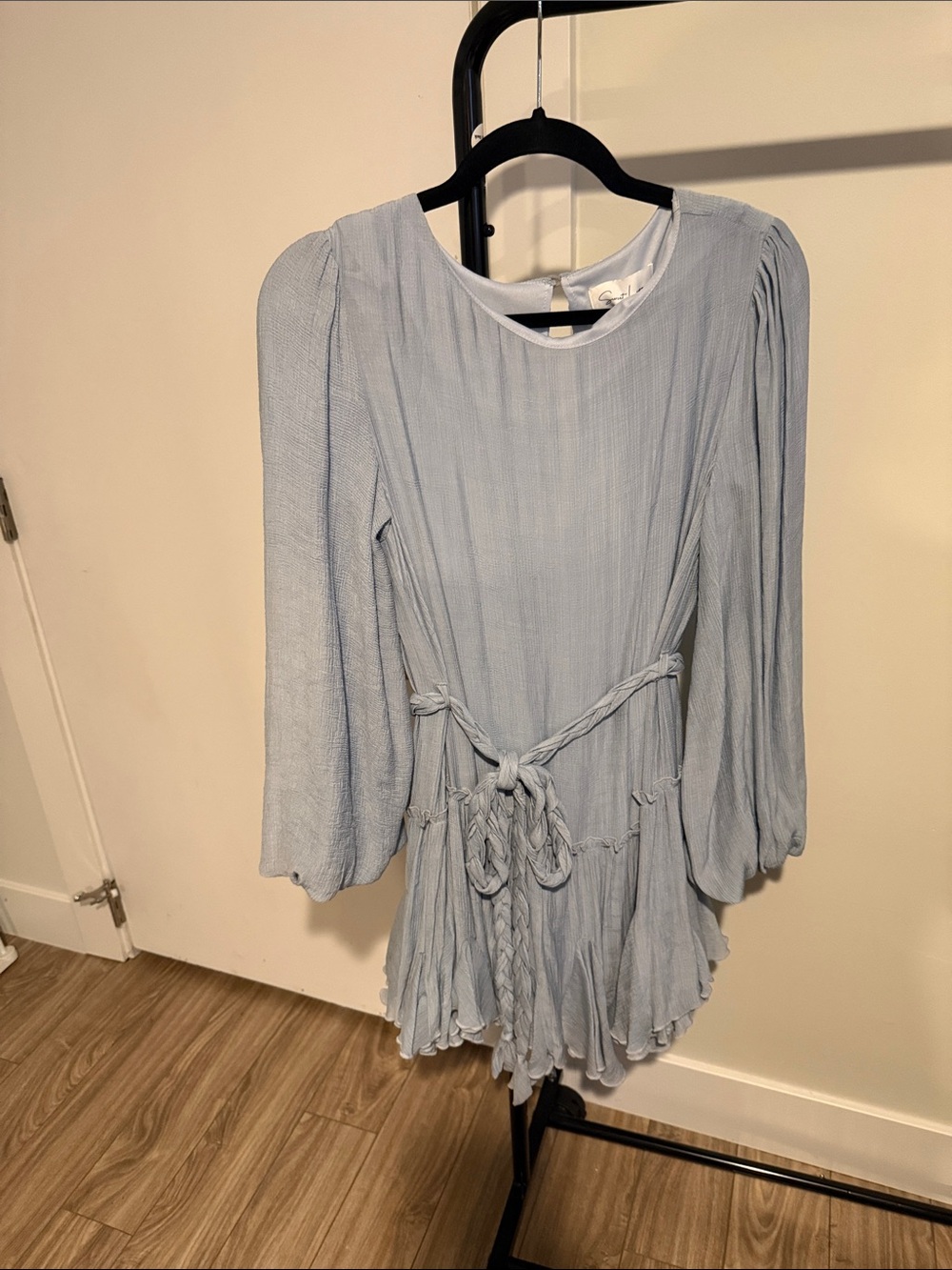 Light Blue Long Sleeve Pleated Mini Dress with Tie Waist - Country Style